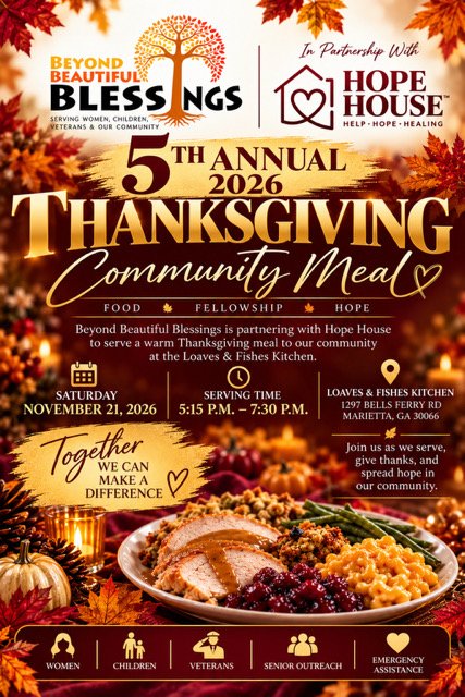 5th Annual 2026 Thanksgiving Community Meal, November 21, 2026, Loaves and Fishes Kitchen, Marietta, Georgia